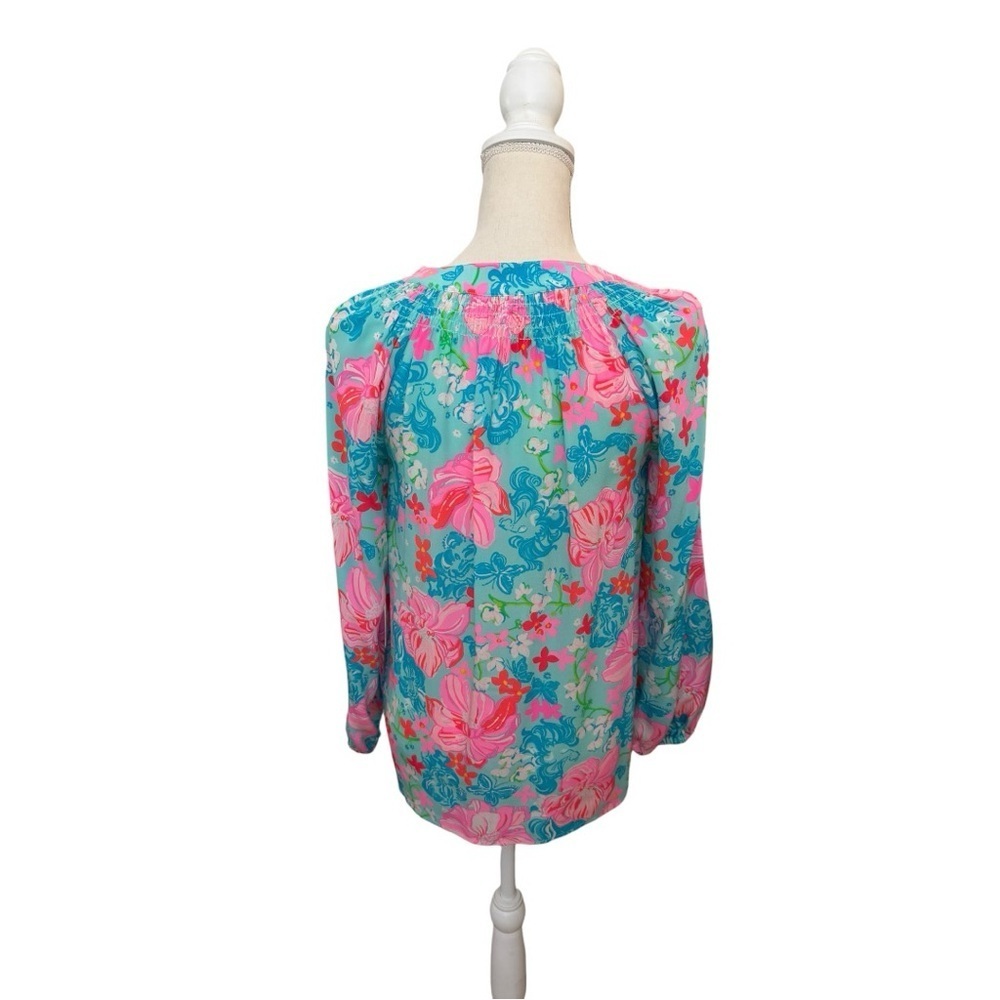 Lilly Pulitzer Elsa Silk Top Surf Blue Luscious Lions Floral Blouse XS - Picture 2 of 11